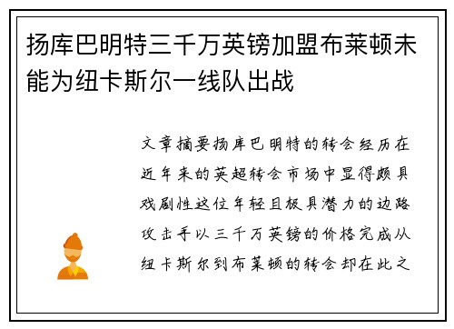 扬库巴明特三千万英镑加盟布莱顿未能为纽卡斯尔一线队出战